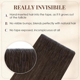 Elailite Tape Extensions Real Hair #2 Dark Brown, Pack of 10 Invisible Glue Hair Extensions 25 g, 50 cm Sewn Hair Straight Invisible