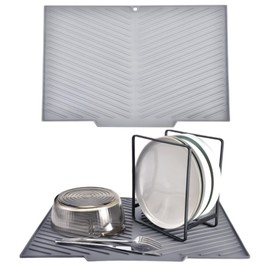 Echehi Dish Drying Mat with Built-in Drain Lip, 43.3 x 30 cm V-shaped Dish Drainer Mat with Non-slip Design, BPA-free and Easy to Clean. Grey