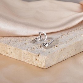 SILBERTALE 925 Sterling Silver Initial Rings A-Z Letter Ring for Women Adjustable Heart Stackable Promise Thumb Rings Fashion Jewellery with Gift Box