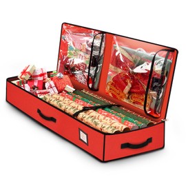 HikooLSS Wrapping Paper Organizer Storage Container 600D Heavy Duty Tear Proof for Holiday Christmas Gift Wrapping Storage with Flexible Partitions Storage Container for Ribbon, Accessories (Red)