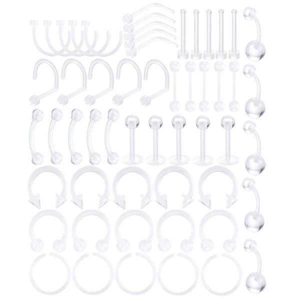Oveta 55pcs Clear Piercing Retainers Flexible Bioflex 14G 16G 20G