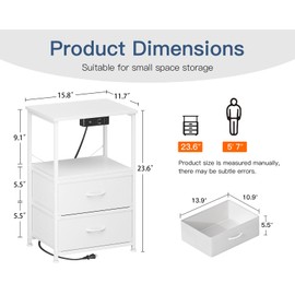 Casaottima White Night Stand with Charging Station and LED Lights, End Table for Bedroom with 2 Fabric Drawers, Small Nightstand with Storage Shelf, Bed Side Table, Bedside Tables