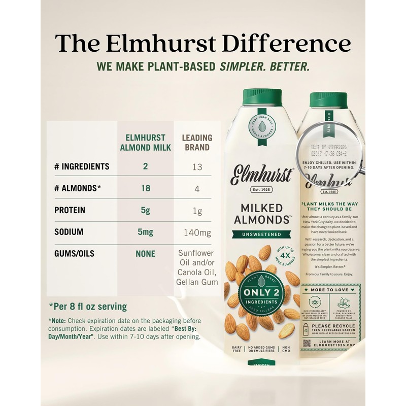 Elmhurst 1925 Unsweetened Almond Milk - 32 Ounce (Pack of