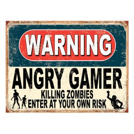 Shawprint Warning Angry Gamer Killing Zombies Enter At Your Own Risk Funny Metal Signs Father's Day Home Pub Indoor & Outdoor Garden Bar Garage Vintage Wall Plaque Man Cave Gift Retro (A3)