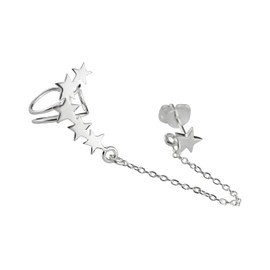 Sterling Silver Stars Ear Climber and Star Stud Earring with Connecting Chain - Right Ear Only