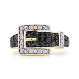 1/4 Carat Black & White Natural Diamond Anniversary Belt Buckle Ring In 14k Yellow Gold Over Sterling Silver (0.25 Cttw) Ring Size-6