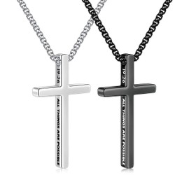 TINGN 2 Pieces Cross Chain Men Boys Stainless Steel Chain with Cross Pendant Necklace Silver Black Cross Necklace Set with Text Men Jewellery Gift Chain Length 47-61 cm, Stainless Steel
