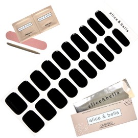 Alice & Bella Semi-Cured Gel Nail Strips - Dragon Glass Black High Gloss Polish Complete Manicure Kit 20 Pc. Gel Wraps UV Stickers for Nails Use with Any UV Light lamp