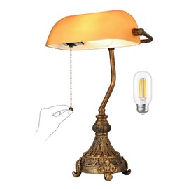 Newrays Vintage Amber Glass Bankers Desk Lamp for Home Office,Library with Pull Chain Switch Plug in Fixture, LED Bulb Included