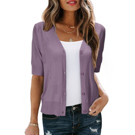 Arach&Cloz Cardigans for Women UK Short Sleeve Bolero Summer Cropped Cardigan Shrugs Buttons Dress Coverup Knit Top (Grey Purple, L)