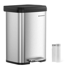 SONGMICS Kitchen Trash Can, 13 Gallon (50 L) Stainless Steel Garbage Can, with Stay-Open Lid and Step-on Pedal, Soft Closure, Tall, Large and Space-Saving, Silver and Black ULTB530E50