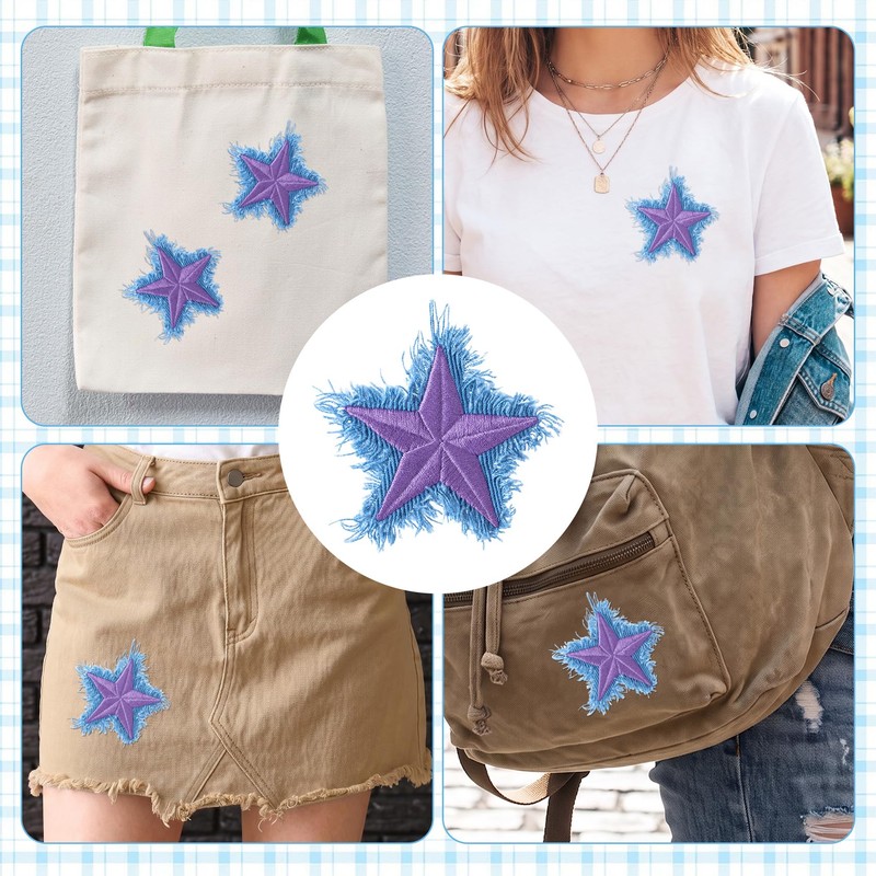 3pcs Denim Star Iron on Patches, 2.55in, Purple