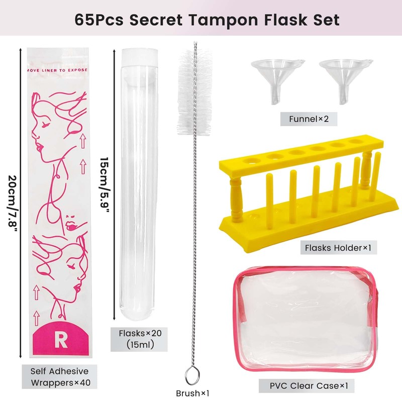 Daily Treasures 65pcs Discreet Tampon Flask Set-20 Reusable Tube Flasks(15ml)