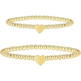 GUOYOU Gold Colour Round Beads With Heart Charm Stretchable Bracelet, Heart Charm Bracelet for Women, for Women, Girlfriend, Wife, Birthday Gift, Anniversary (Gold)