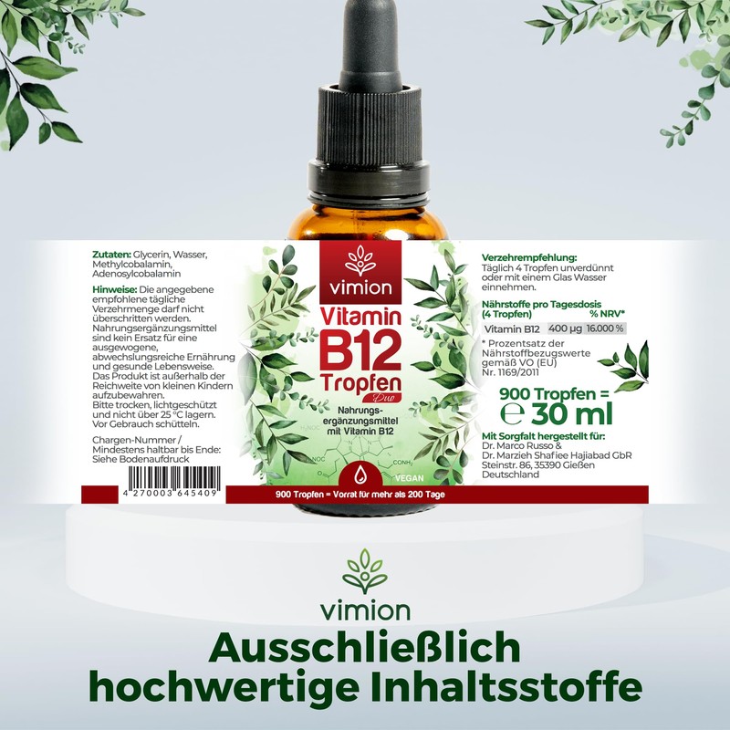 Vimion Vitamin B12 Drops, Alcohol-free, Bioactive B12 as Methylcobalamin and