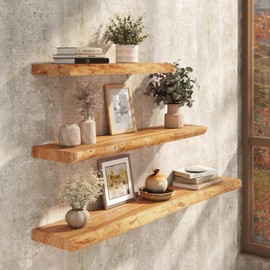 Realgulf Floating Shelves Set of 2, Solid Elm Wood Wall Shelves 32 Inch - Invisible Bracket Mount for Living Room, Bedroom, Kitchen, Bathroom - Natural