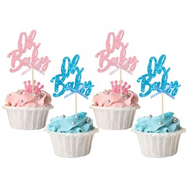 24 piezas de adornos para cupcakes de bebé con purpurina para baby shower con lazo rosa azul y revelación de género para decoración de cupcakes para niños o niñas, baby shower, niños, fiesta de cumpleaños, decoración de pasteles, suministros de decoració