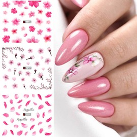 Vezocim Nail Art Stickers Decals, Holographic Cherry Blossoms Nail Water Transfer Decal Designs, Pink Flower Nail Sticker Acrylic Supplies for Women Girls Manicure Tips Decorations (A1621-1632)
