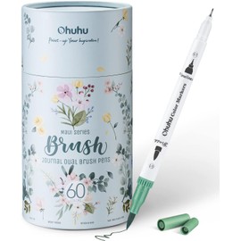 Ohuhu Rotuladores de acuarela de 60 colores, rotuladores de doble arte, rotuladores de punta fina, rotuladores de punta fina, rotuladores a base de agua, para caligrafía, dibujo, cuaderno de colorear