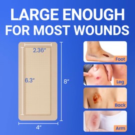 Large Waterproof Bandages 4x8 Silicone Foam Dressing for Sensitive Skin Wound Care, Adhesive Cohesive Pad with Border for First Aid, Post Surgical and Burn, Pressure, Scar Healing (5 Packs)