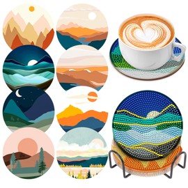 8 Pcs Diamond Art Coasters Kits for Adults with Holder Cork Pads, DIY ﻿Abstract Landscape Diamond Art Dots Painting Coasters Kits for Adults Beginners, Ideal Gift