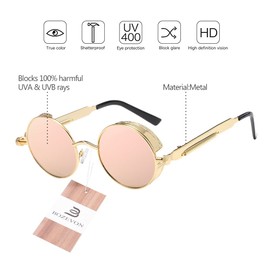 BOZEVON Punk Round Sunglasses - Classical Metal Cycling Retro Sunglasses For Women & Men Gold-Pink