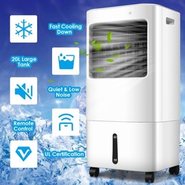 COSTWAY Swamp Cooler, Portable Air Cooler Fan with 5.3Gal/20L Tank & 7.5H Timer, 4 Speeds, 3 Modes, Remote Control, Evaporative Air Cooler with 4 Wheels, 2 Ice Boxes for Home Office