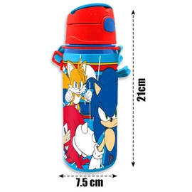 Sonic Water Bottle with Straw 600ml - Aluminium Water Bottle for Kids, Sports Bottle with Handle and Lid, Boys Travel Water Bottles Spout Cover for Kids Gifts 3+Years