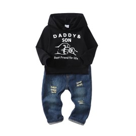 Renotemy 18 Months Boy Clothes Winter Toddler Outfits 2T Cotton Hooded Sweatshirt Denim Ripped Pants Set Little Boy Clothing Sets Fall Jeans Outfits 18-24 Months Boy Clothes