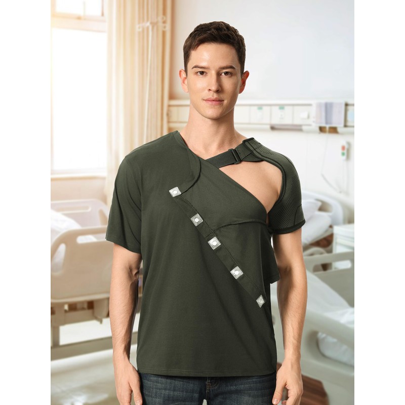 Magnetic Buttons Post Shoulder Surgery Recovery Shirt for Men V-Neck