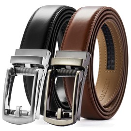 CHAOREN Men's 2 Pack Ratchet Dress Belt, 1 1/4" Width, Black/Cognac, 42" to 48" Waist Adjustable