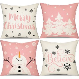 DFXSZ Pink Christmas Pillow Covers 18x18 Set of 4 for Christmas Decorations Merry Christmas Tree Believe Snowflake Winter Holiday Decor Throw Cushion Case for Home Couch