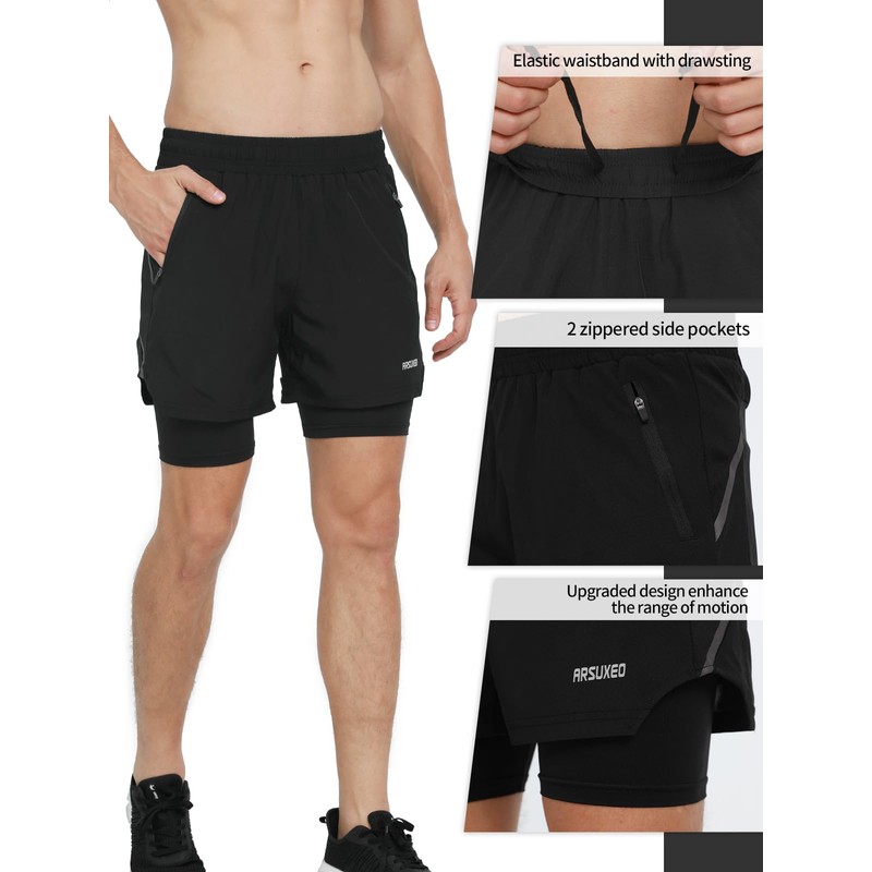 ARSUXEO Men's 2 in 1 Active Running Shorts with 2