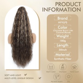 Claw Clip in Ponytail Extension 30 Inch Long Wave Curly Pony Tail Hair Extensions for Women fluffy Natural Looking Synthetic Hairpiece for Daily Use(Chocolate Brown with Caramel Blonde, 30Inch)