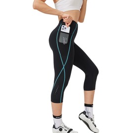 Santic Women's Cycling Shorts Padded 3/4 High Waist Bike Shorts Bicycle Capris for Women with Pockets UPF 50+