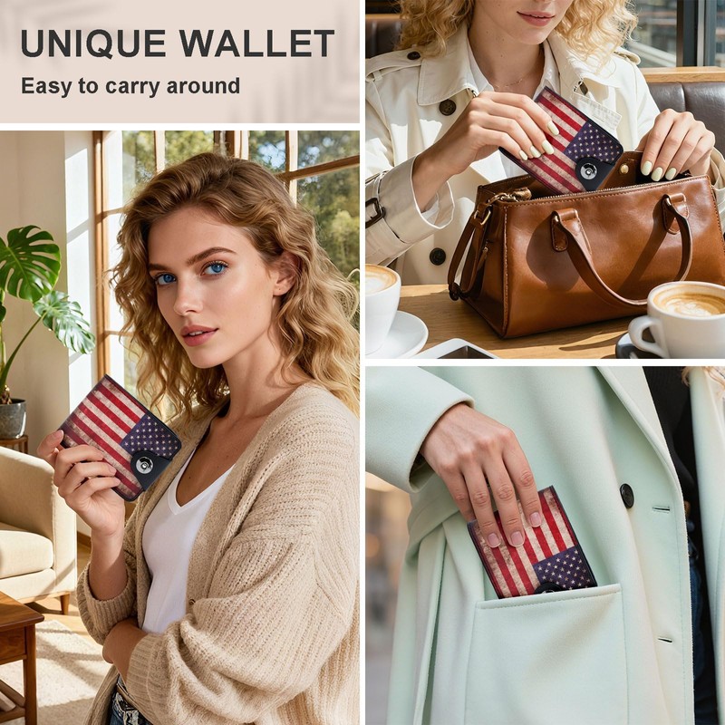 Vintage American Flag Small Wallet Leather Slim Bifold Credit Wallets