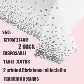 2Pcs 137*274cm White and Silver Disposable Table Cloth Table Covers,Party Dot Confetti Rectangular Tablecover Plastic Tablecloths for Picnic,Baby Shower,Wedding,Christmas,Birthday Parties Decor
