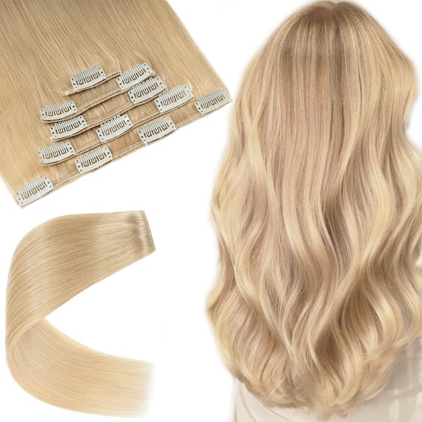 S-noilite Clip-In Real Hair Extensions #24 Natural Blonde 100% Remy Real Hair 5 Wefts 12 Clips Hair Extensions Real Hair Remy Natural for Thin Hair 60 cm (75 g)