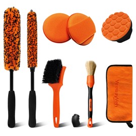 YeewayVeh 8PCS Wheel Brush Kit, Bendable Wheel Cleaner Brush for Wheel Rim Gap, Effective Wheel Cleaning Brush Kit with Tire Brush, Detailing Brush and Tire Shine Applicator, Orange