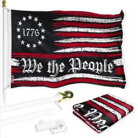 G128 Combo Pack: 6 Ft Aluminum Spinning Flagpole (White) & We the People American Flag 3x5 Ft, LiteWeave Pro Series Printed 150D Polyester | Pole with Flag Included