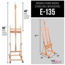 U.S. Art Supply Medium Wooden H-Frame Studio Easel with Artist Storage Tray and Wheels - Mast Adjustable to 96" High, Holds Canvas to 48" - Sturdy Beechwood Holder Floor Stand - Display Paintings