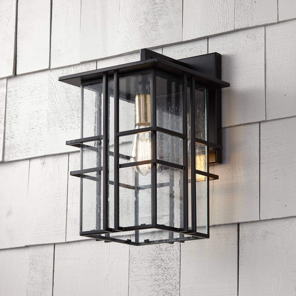 Possini Euro Design Arley Modern Outdoor Wall Light Fixture Black Geometric Frame 16" Seedy Glass for Exterior Barn Deck House Porch Yard Patio Outside Garage Front Door Garden Home Roof Lawn