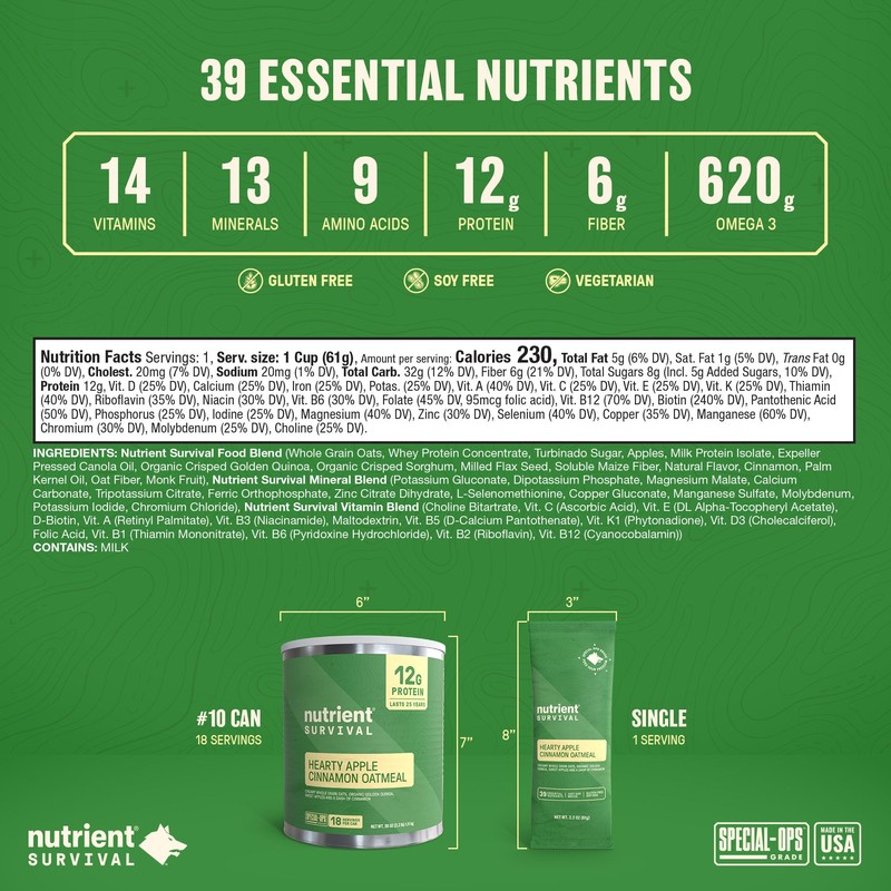 High Protein Oatmeal Instant, Hearty Apple Cinnamon, Freeze Dried Prepper