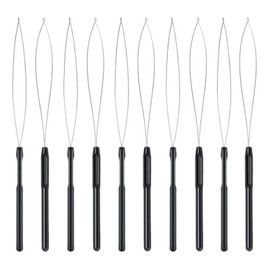 JZK 10 Pcs Hair extension loop needle threader, hair weave tool, micro rings nano beads device tool loop threader, pulling hook tool for hair or feather extensions (Black)