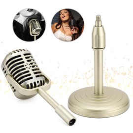 Facmogu Vintage Desktop Microphone Prop Model with Adjustable Height, Classic Retro Style Microphone Stand Fake Mic Prop Decoration for Costume Role Play & Game Night - Gold