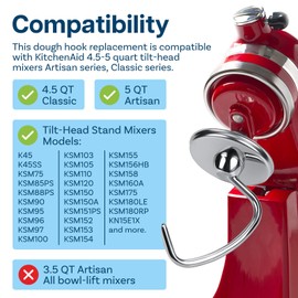 K45WW 6-Wire Whisk for KitchenAid 4.5-5 Quart Tilting Head Stand Mixer Artisan & Classic Series by MMOBIEL - Stainless Steel Attachment Egg Cream Stirrer (18/8 Stainless Steel, Dough Hook)