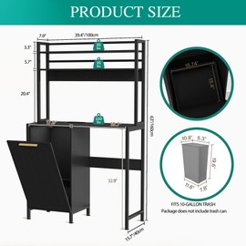 YITAHOME Mini Fridge Cabinet Stand with Trash Can Storage, 4-Tier Bakers Rack Microwave Oven Stand with Power Outlets, Freestanding Coffee Bar Shelf Station for Kitchen Home Office, Black