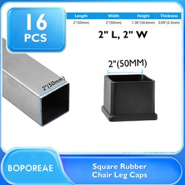 BOPOREAE 16 Pcs 2" x 2" Square Rubber Chair Leg Caps, PVC Table Leg Covers, Flexible & Anti-Slip Furniture Leg End Caps, Chair Leg Floor Protectors for Bar Stool Leg Patio Indoor, Black
