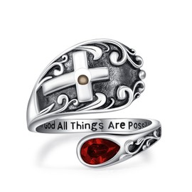 AOBOCO Cross Spoon Ring Mustard Seed Sterling Silver Vintage With God All Things are Possible Adjustable Faith Ring for Women with January Garnet Teardrop Birthstone