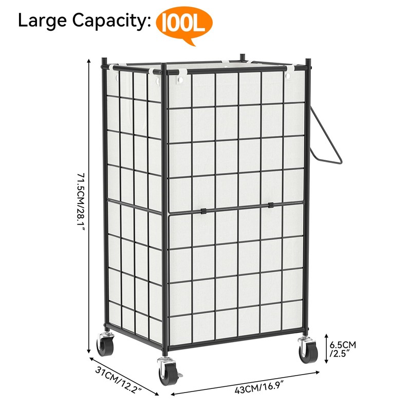 WOWLIVE Laundry Hamper with Wheels,Metal Wire Frame Rolling Laundry Basket